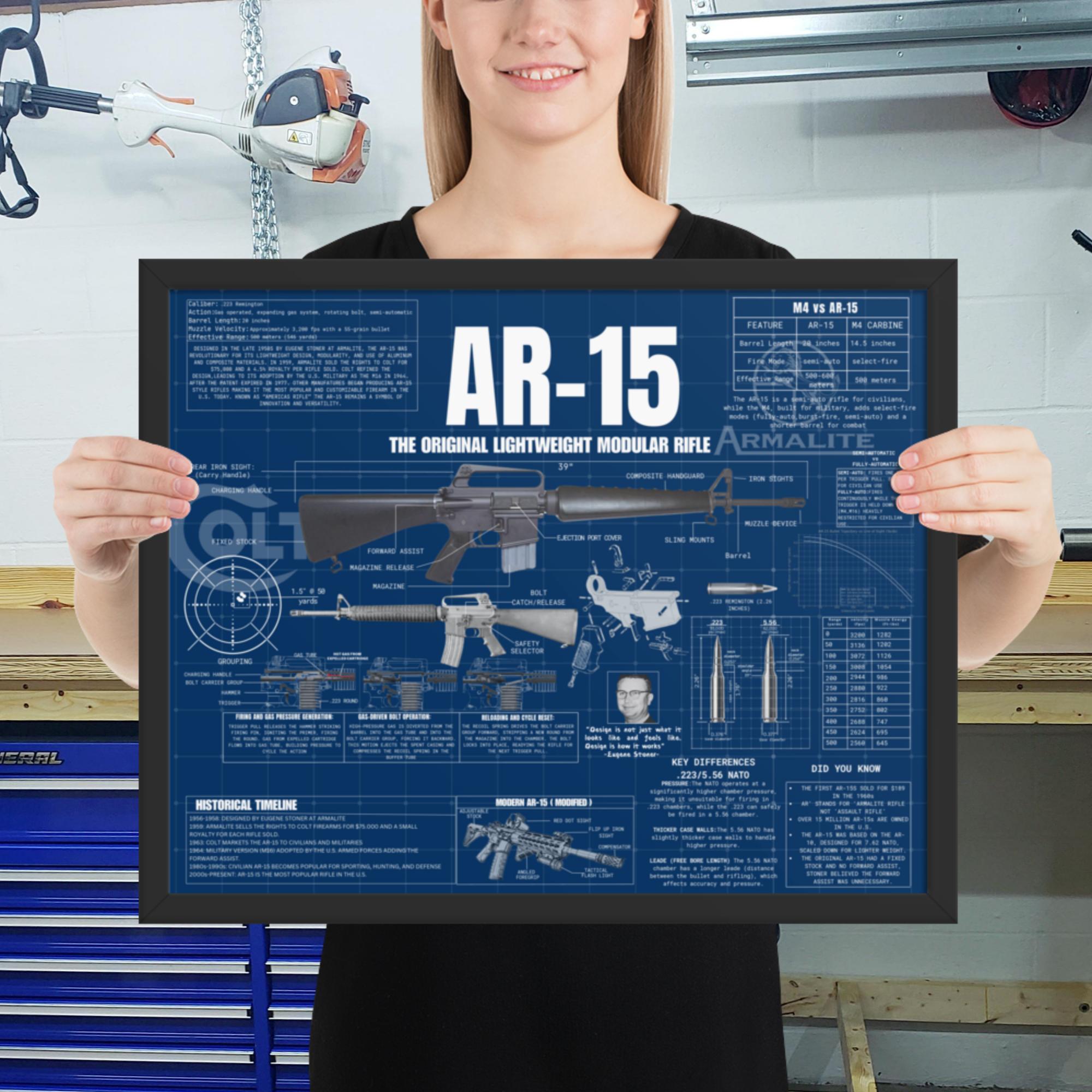 AR-15 Rifle Blueprint Wall Art — 18×24, black frame