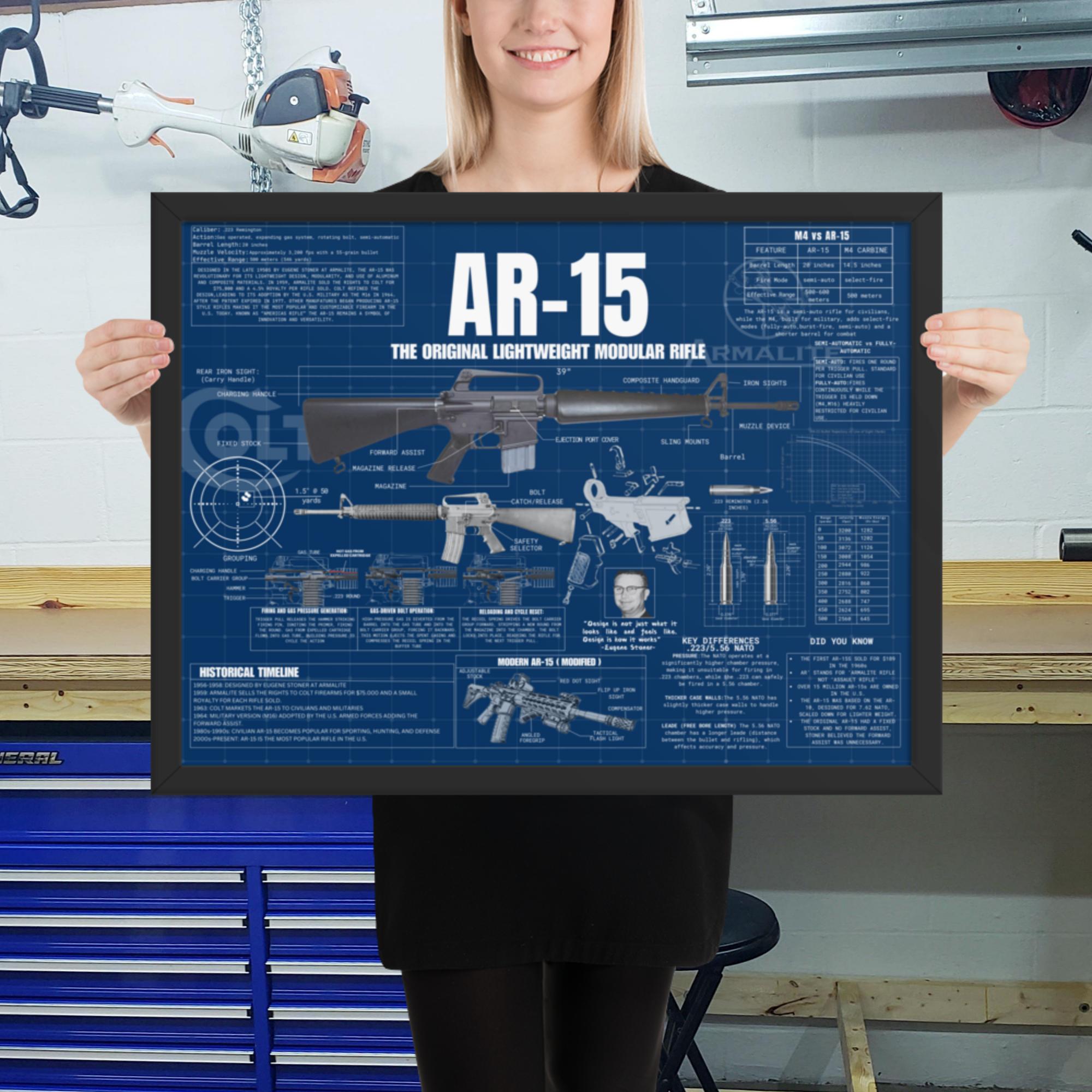 AR-15 Rifle Blueprint Wall Art — 18×24, black frame
