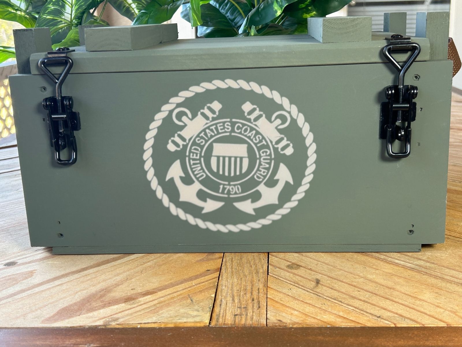 U.S. Coast Guard wooden storage crate with black hardware