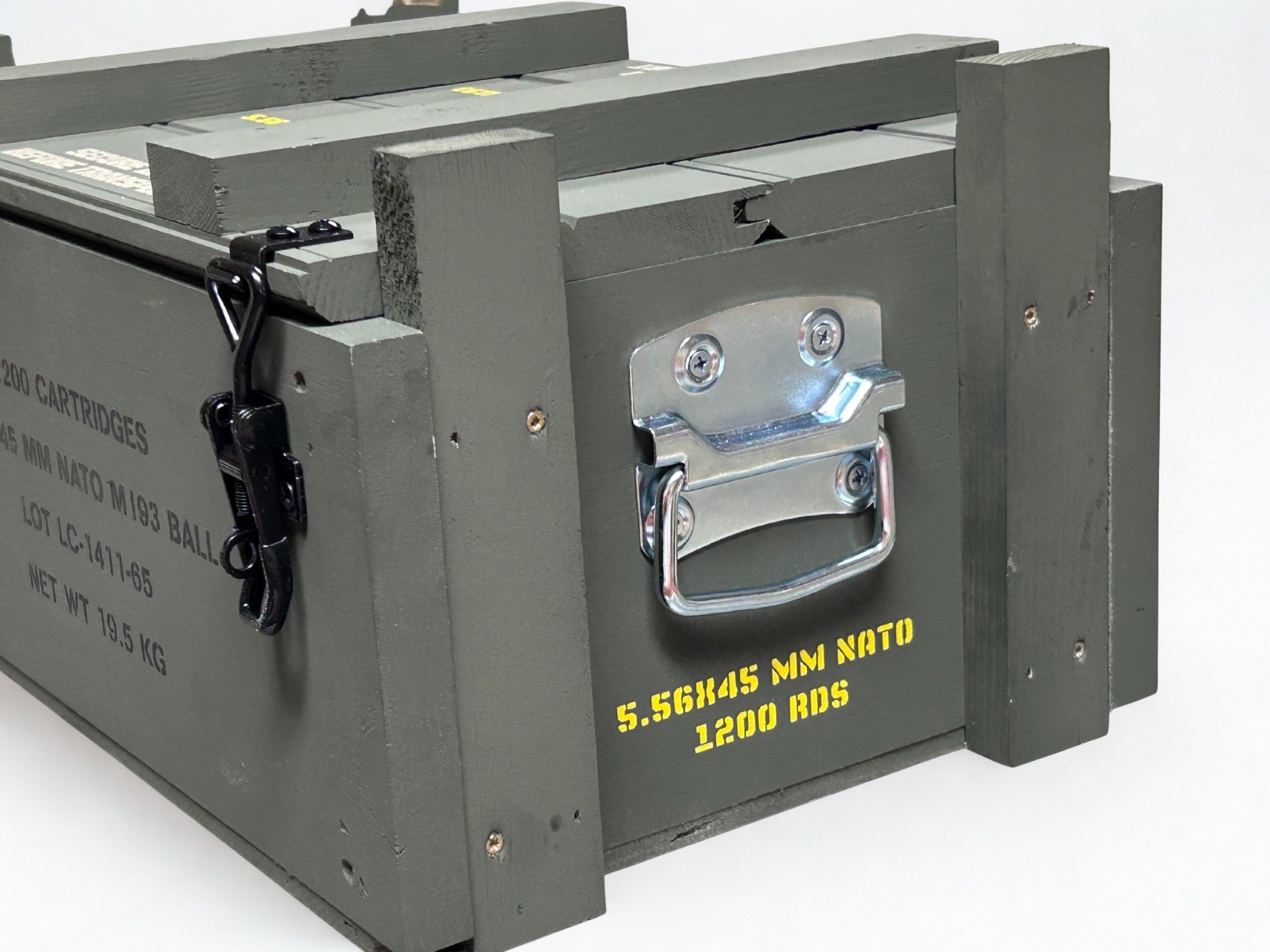 Angled view of 5.56 / .223 wooden ammo crate
