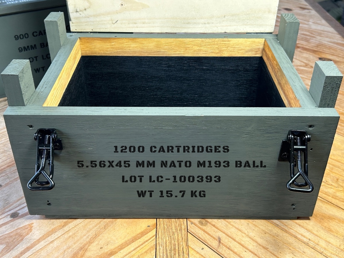Caliber Collection 5.56 ammo crate with black hardware and Armor Core epoxy-sealed interior