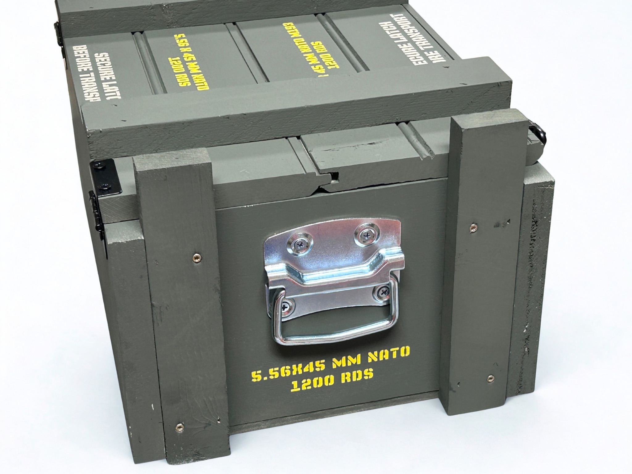 Side handle detail on 5.56 / .223 wooden ammo crate