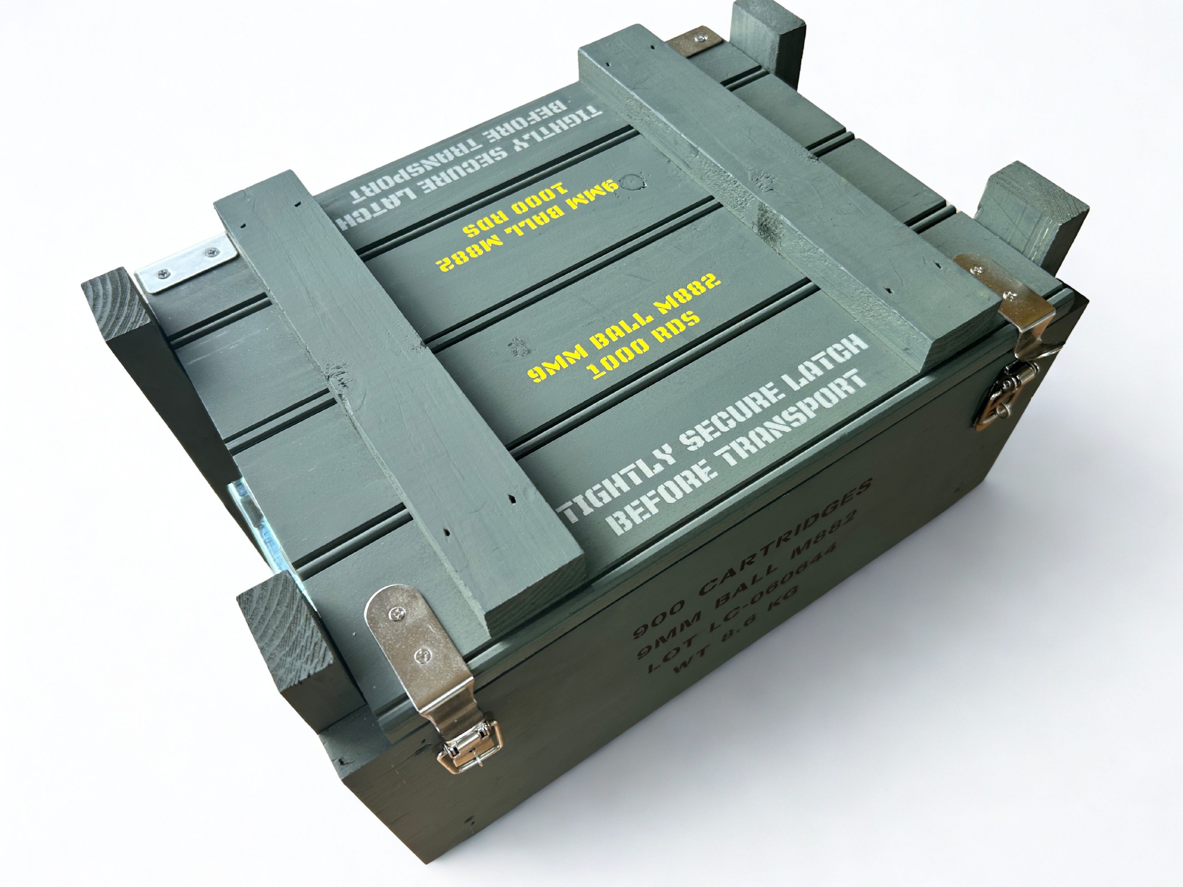 Angled view of 9mm wooden ammo crate