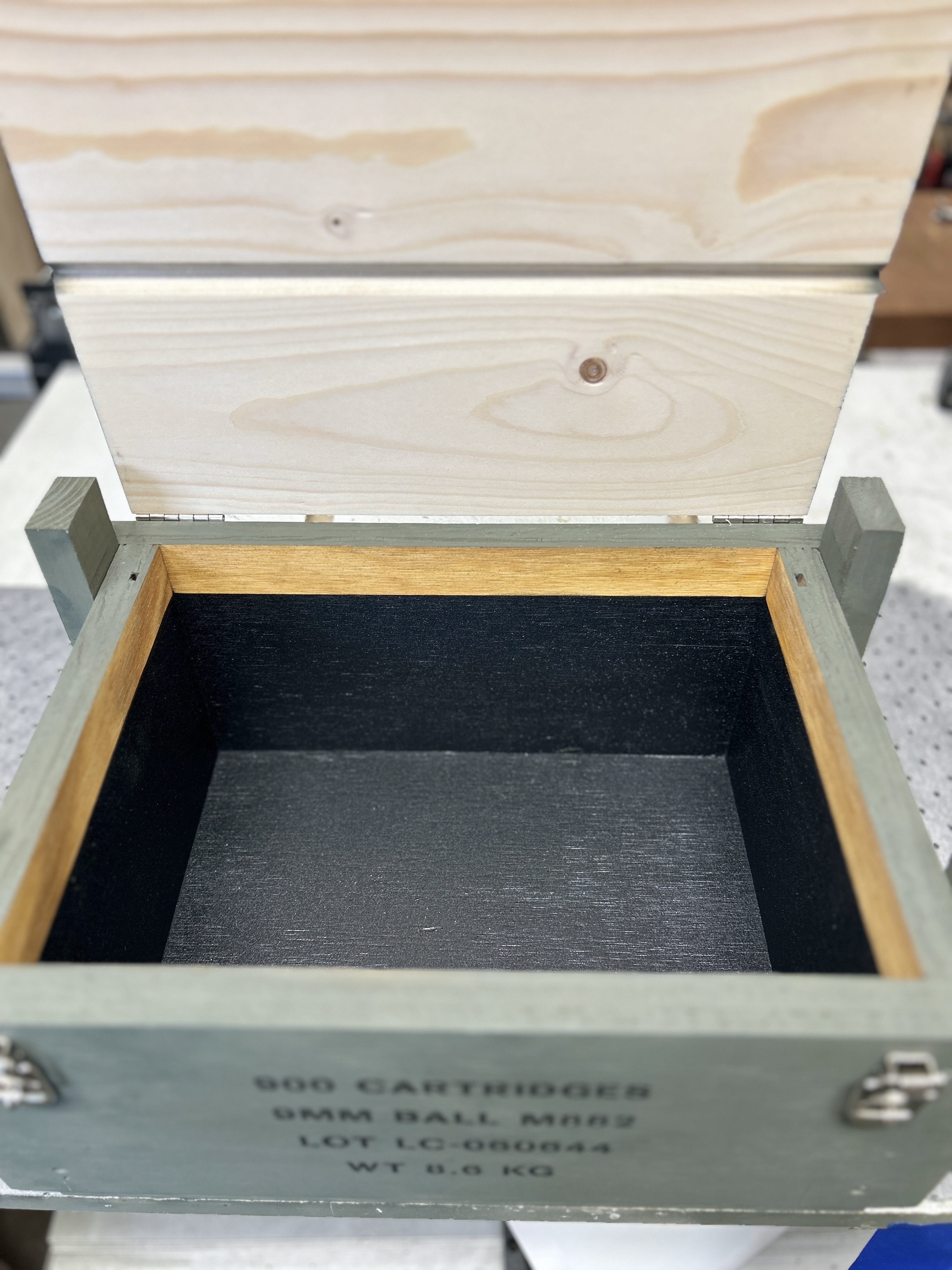 Caliber Collection 9mm ammo crate showing Armor Core interior from open top view