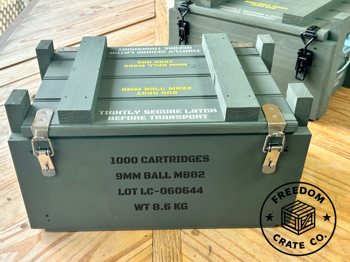 Caliber Collection 9mm crate with black hardware and surplus-style markings