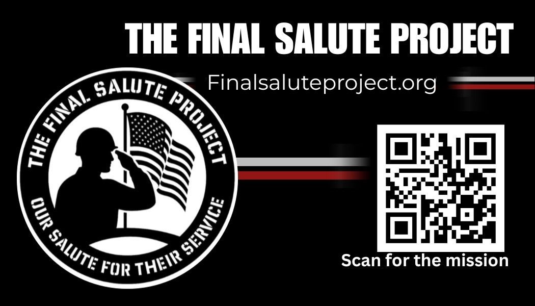 Final Salute Project business card front with soldier silhouette and American flag logo