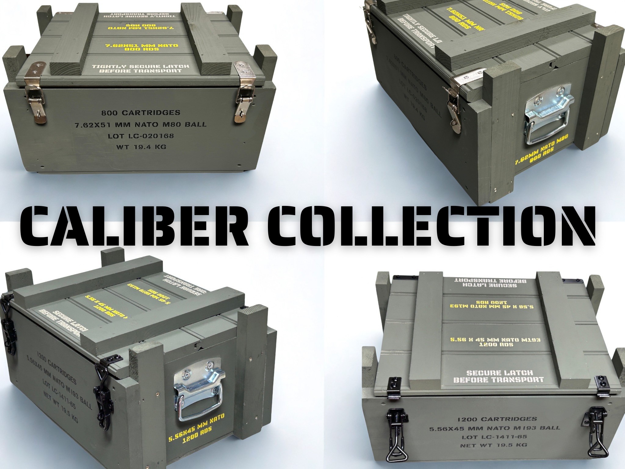 Caliber Collection ammo boxes stacked together