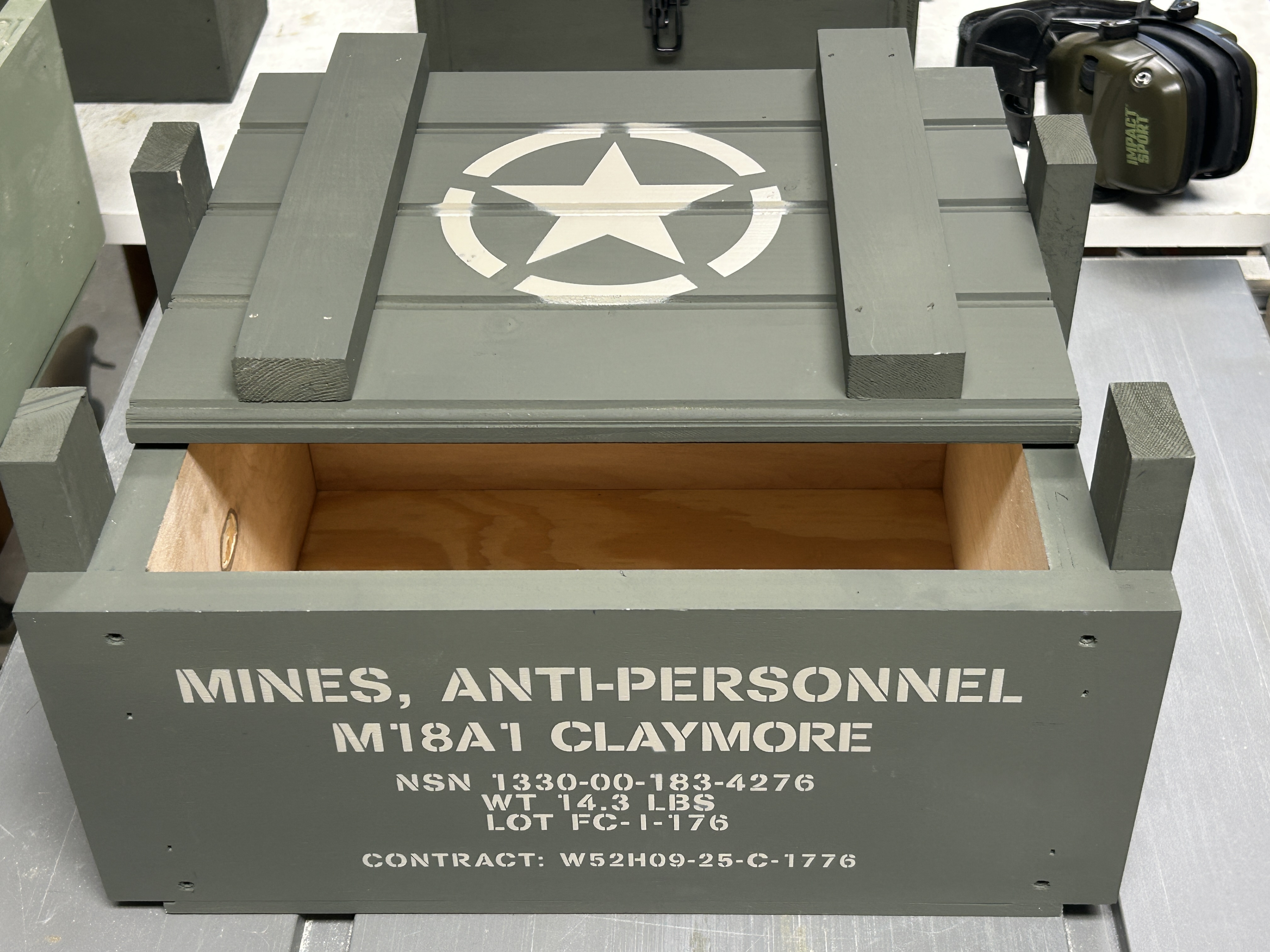 Claymore Field Crate Standard Edition M18A1-inspired wooden storage crate by Freedom Crate Co
