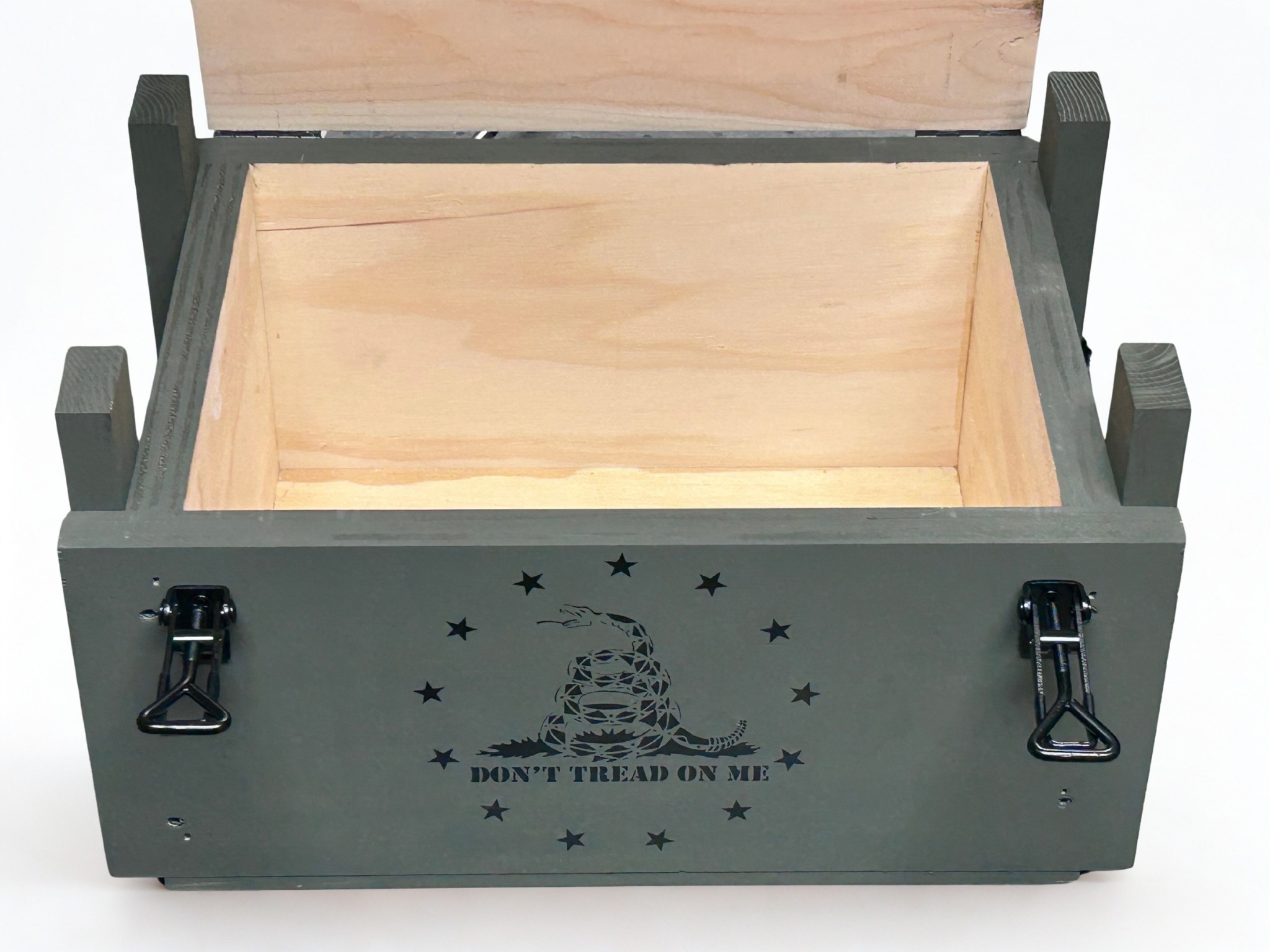 Open Liberty Edition wooden ammo box with natural unfinished wood interior