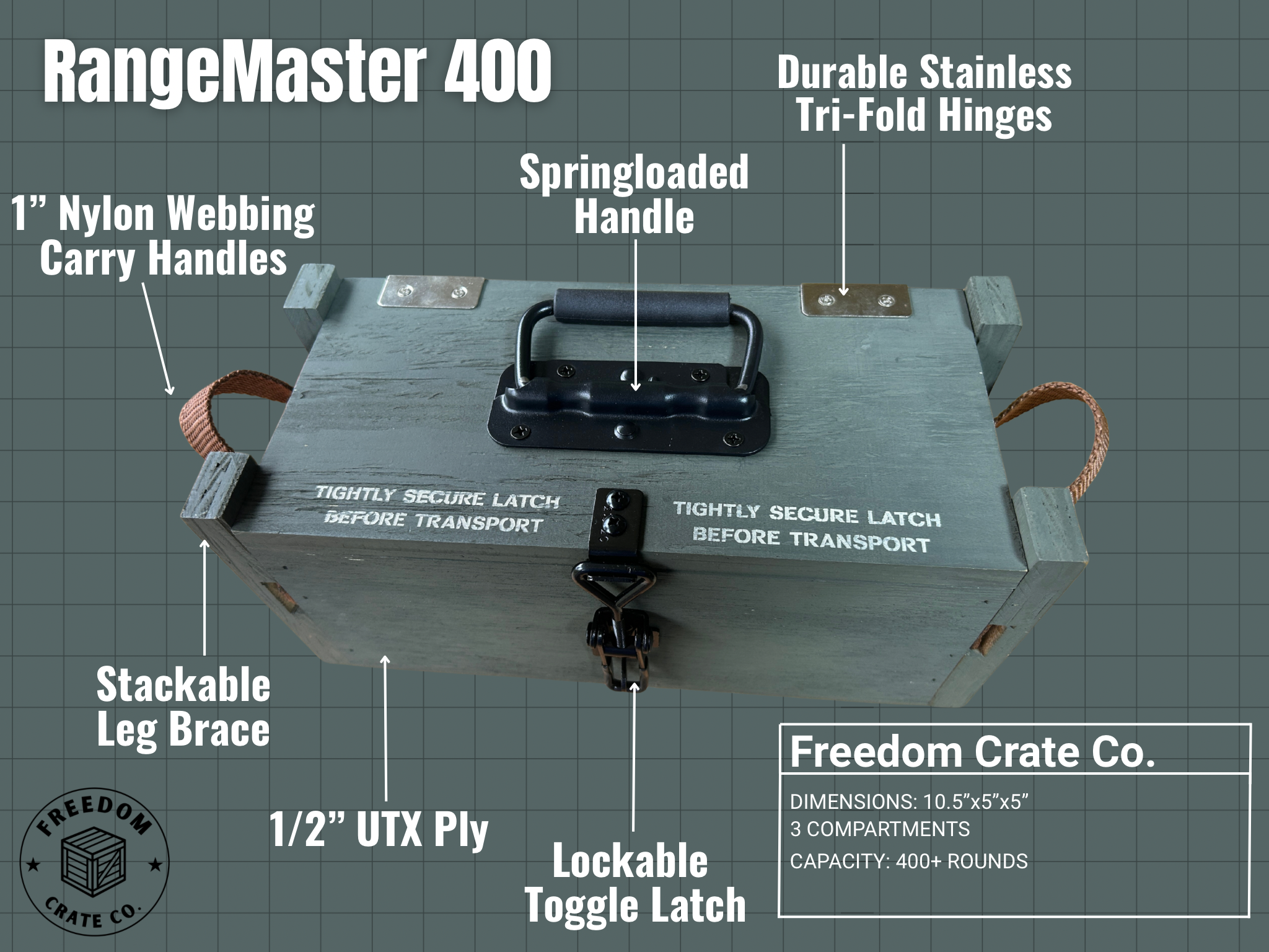 RangeMaster 400 handcrafted wooden ammo storage crate schematic showing handles, hinges, latch, dimensions, and capacity