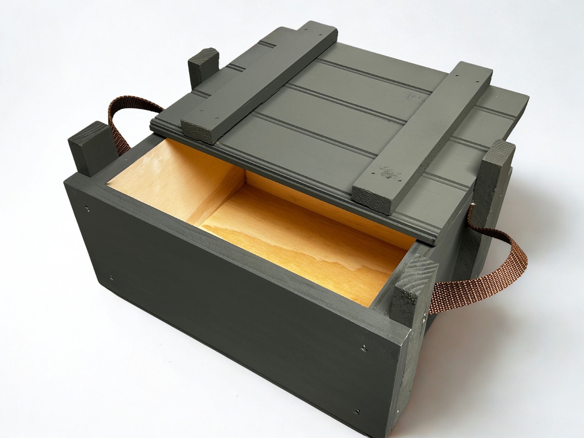 Traditional slide top ammo crate with removable lid open