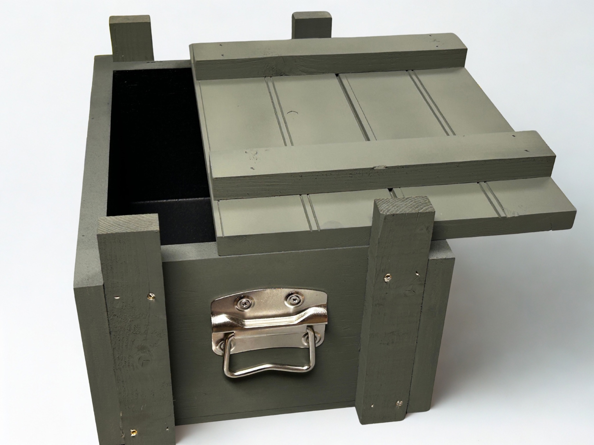 Traditional slide top ammo crate steel handle open view