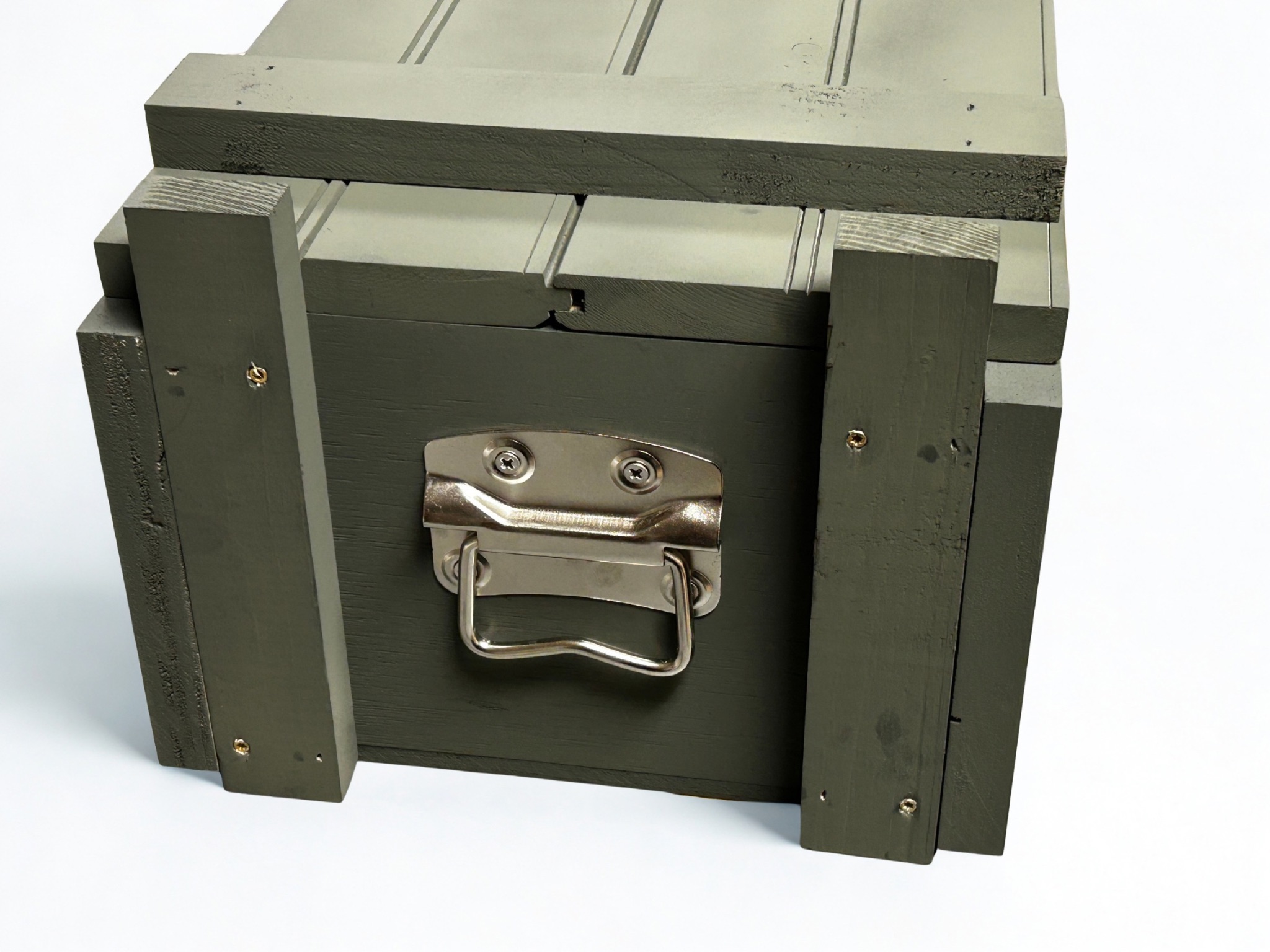 Traditional slide top ammo crate with steel side folding handle angle view