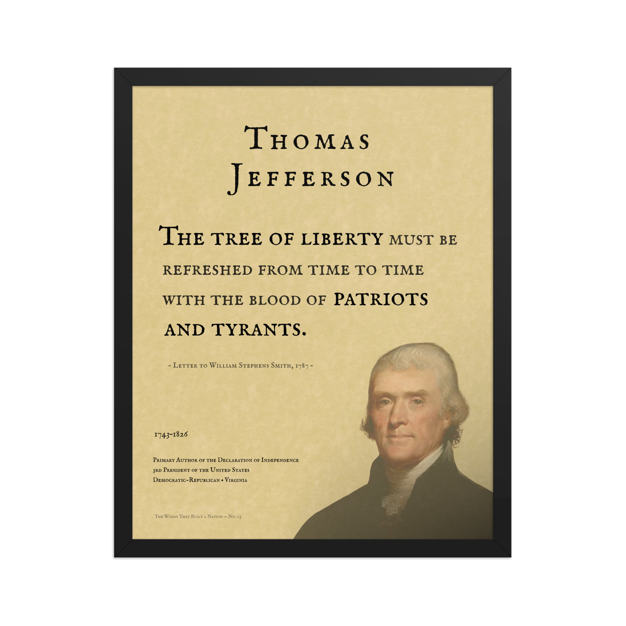 The Words That Built a Nation — No. 03 (Thomas Jefferson) — 16×20, black frame (mockup)