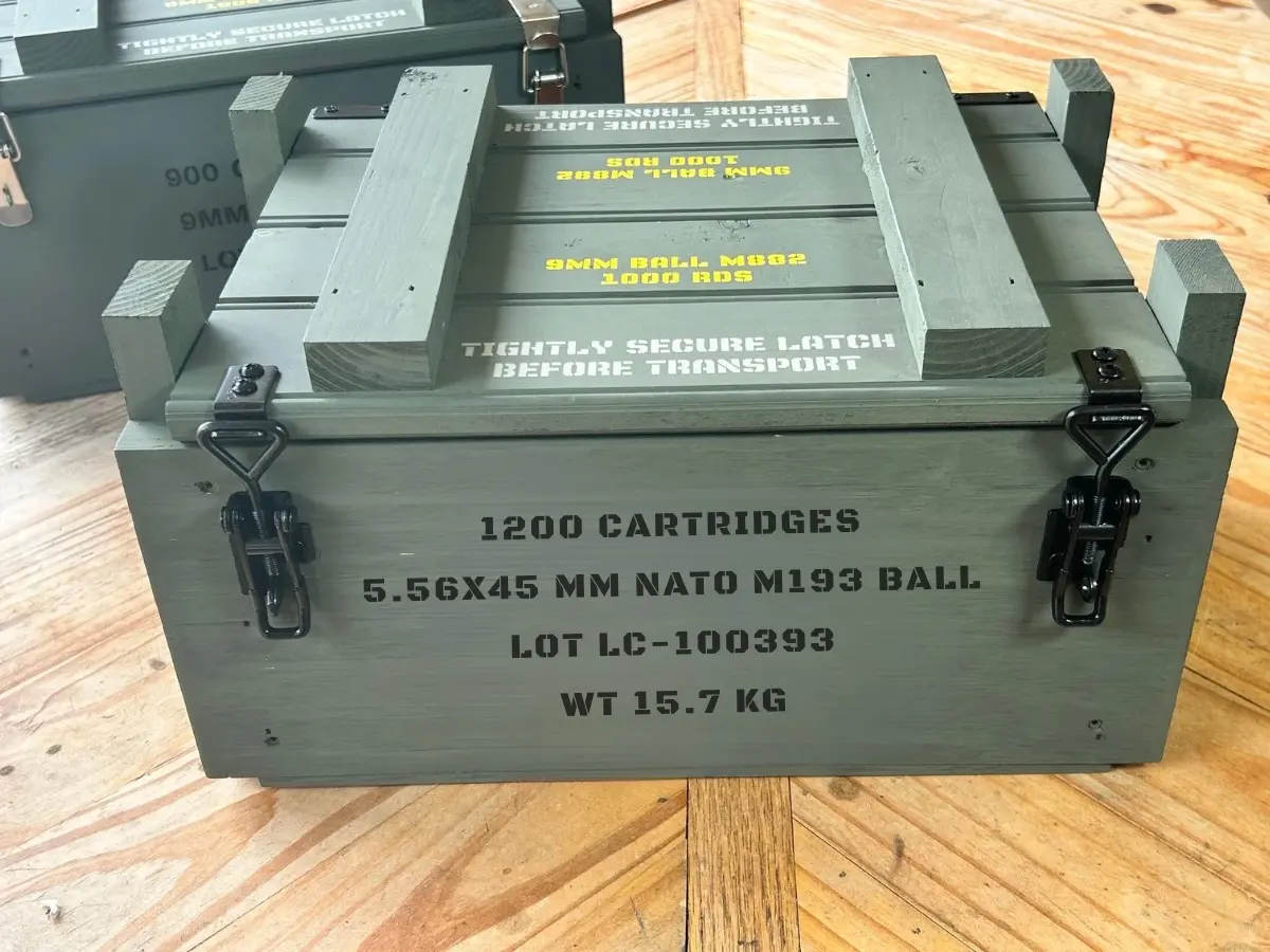 Handcrafted olive drab 5.56 and .223 wooden ammunition crate