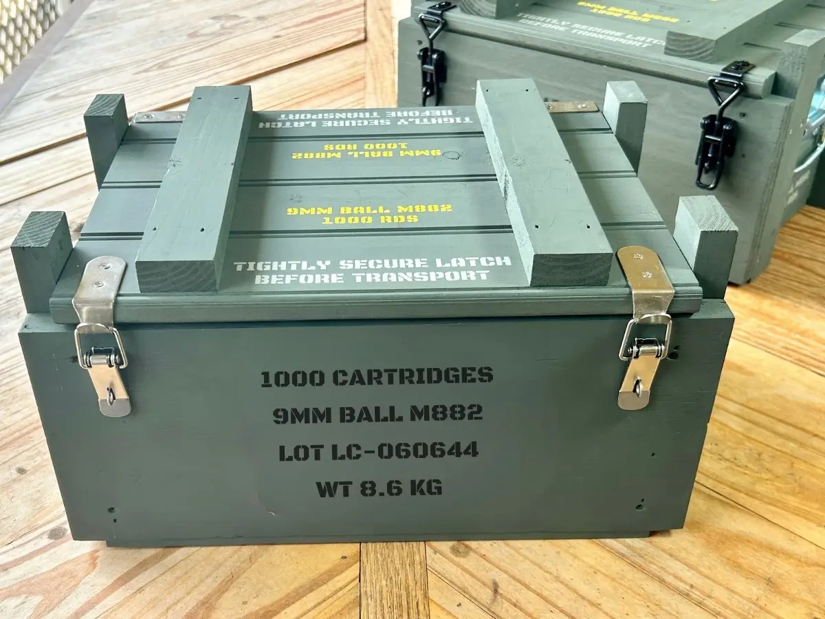 Handcrafted olive drab 9mm wooden ammo crate