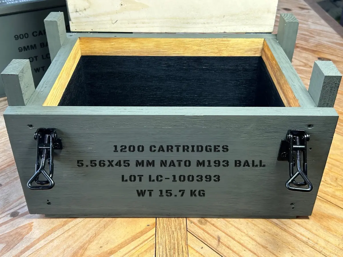 5.56 and .223 Caliber Collection crate with black hardware and Armor Core