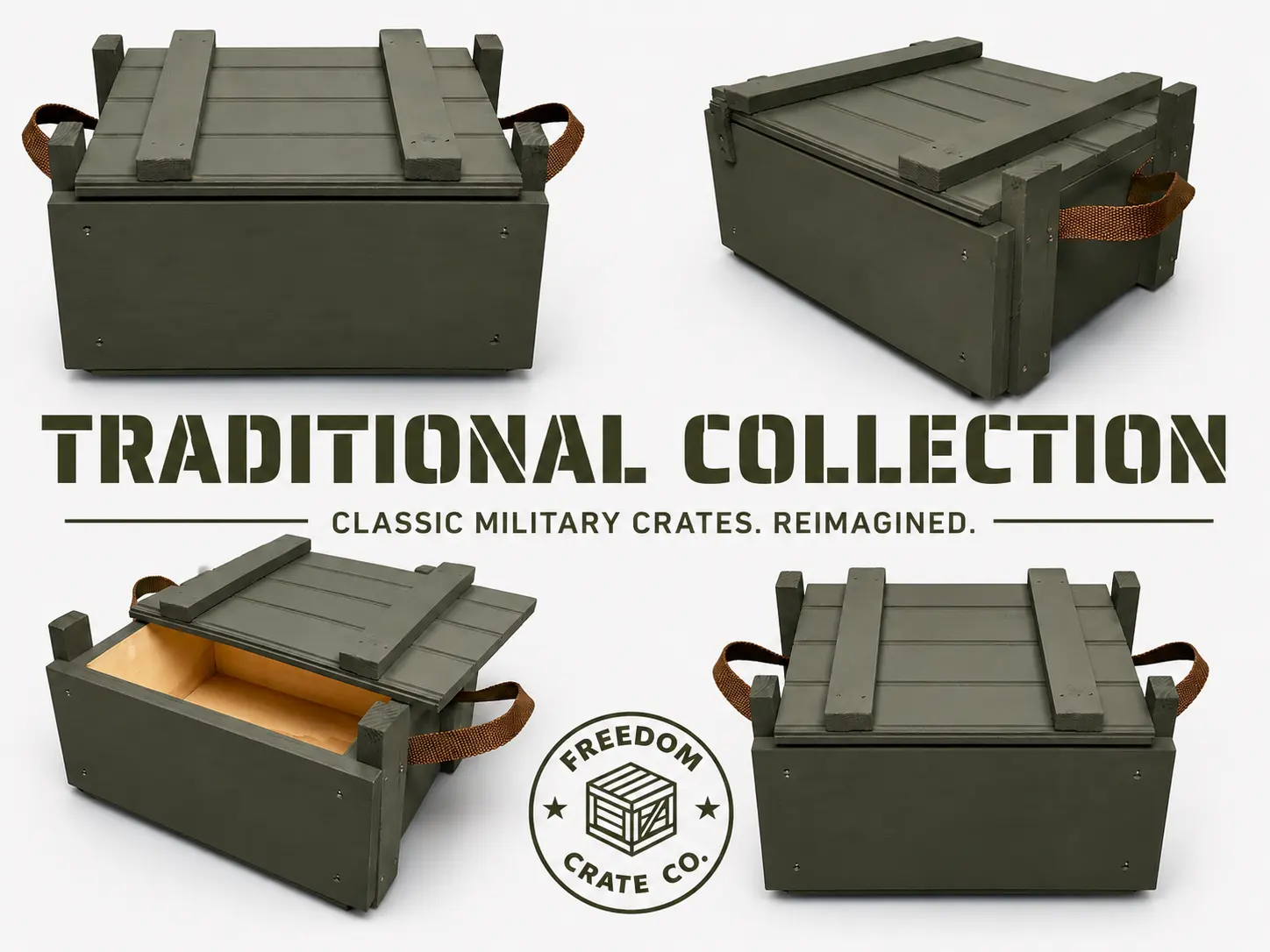 Traditional olive drab wooden slide-top ammunition crate