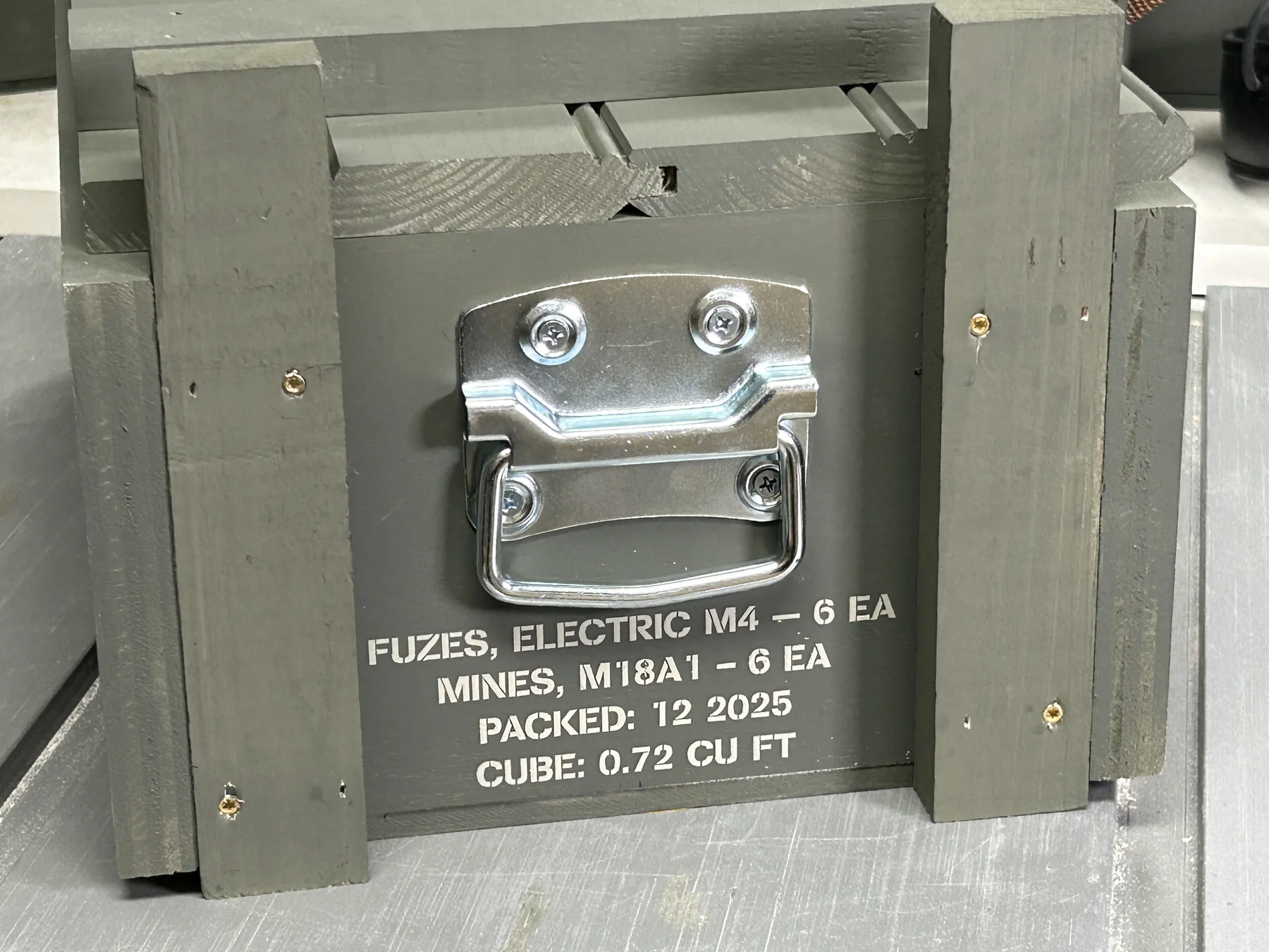 Rear packing-data stencil on Claymore Field Crate